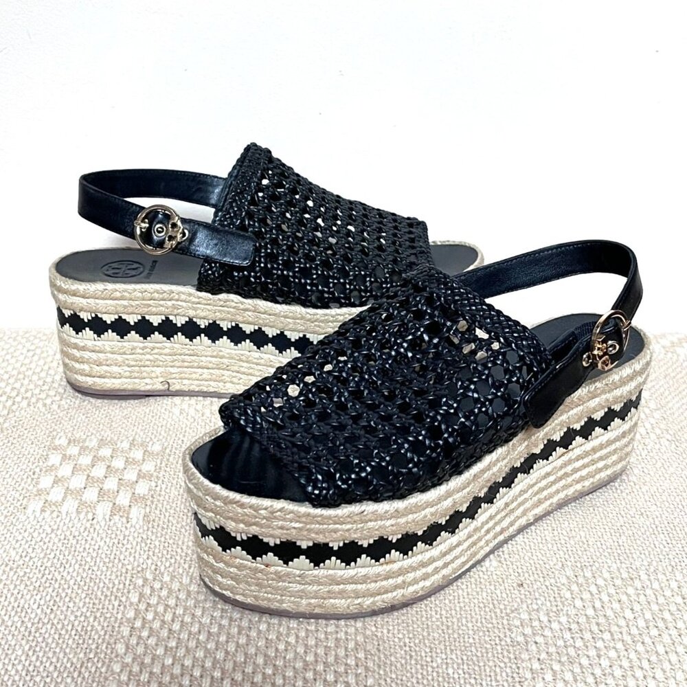 Tory Burch Platform Wedge Sandal 8 M Espadrille Woven Leather Logo Black Dandy